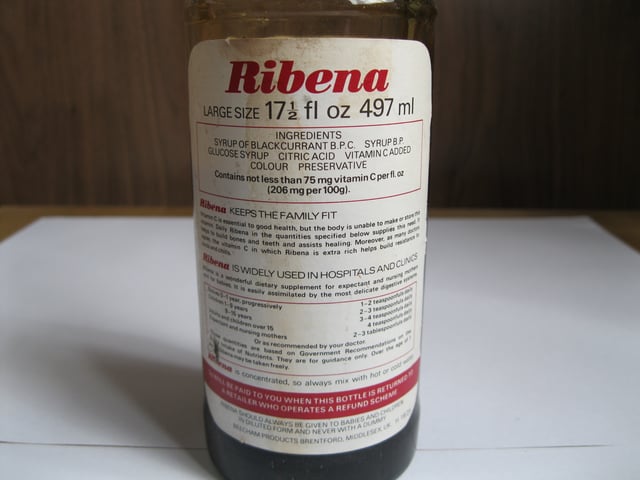 Old Ribena bottle, year unknown, made by Beecham Products, Brentford, Middlesex; the label states: "widely used in hospitals and clinics."