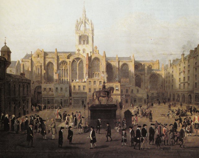 A painting showing Edinburgh characters (based on John Kay's caricatures) behind St Giles' Cathedral in the late 18th century