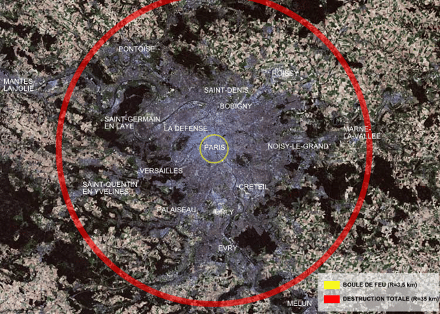 Total destruction radius, superimposed on Paris. Red circle = total destruction (radius 35 kilometers), yellow circle = fireball (radius 3.5 kilometers).