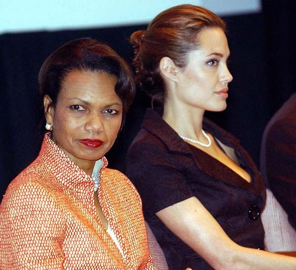 Secretary of State Condoleezza Rice and Jolie at a UNHCR celebration of World Refugee Day in June 2005