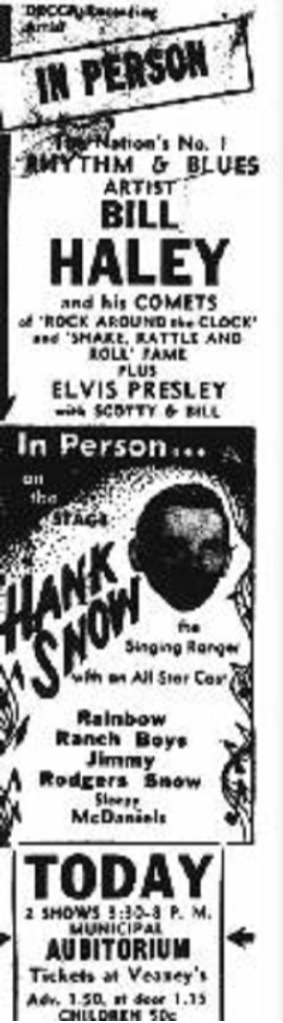 BillHaley/Elvis/HankSnowTicket - Oklahoma City newspaper ad. for Sunday October 16, 1955; two shows at the Municipal Auditorium. Note: Elvis Presley's first appearance to be co-promoted (with Hank Snow) by Colonel Tom Parker.