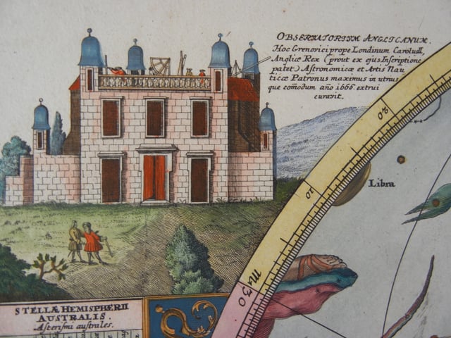 Greenwich Observatory (Latinized as "Observatorium Anglicanum Hoc Grenovici prope Londinum"), as illustrated in Doppelmayr's map of the southern celestial hemisphere, ca. 1730