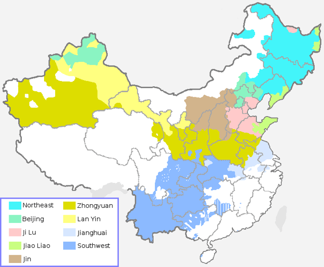 Distribution of the eight subgroups of Mandarin plus Jin Chinese, which many linguists include as part of Mandarin, according to the Language Atlas of China (1987)