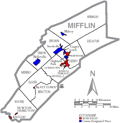Mifflin County, showing Boroughs (red), Townships (white), and Census-designated places (blue).