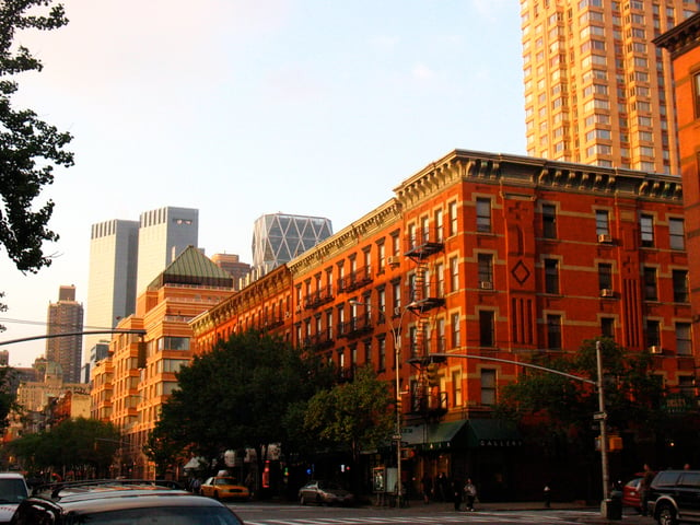 View from between 47th and 48th Streets on Ninth Avenue looking northeast toward Time Warner Center and Hearst Tower