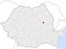 Onești (Gheorghe Gheorghiu-Dej between 1965-1989), the town where Comăneci was born, shown on Romania's map