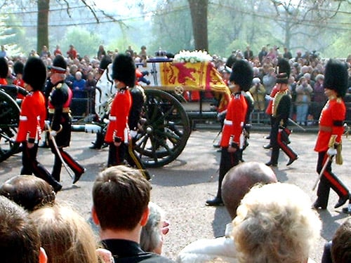 The Queen Mother's funeral carriage. The coffin is draped with her personal standard, shown below.