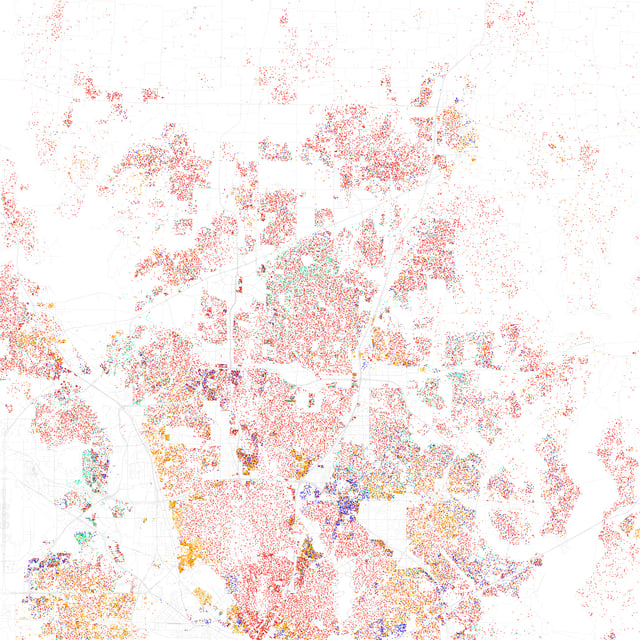 Map of racial distribution in Plano, 2010 U.S. Census. Each dot is 25 people: White, Black, Asian, Hispanic or Other (yellow)
