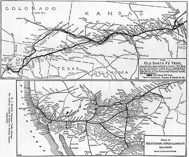 A comparison map prepared by the Santa Fe Railroad in 1921, showing the "Old Santa Fé Trail" (top) and the AT&SF and its connections (bottom)