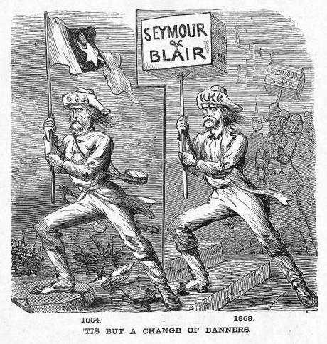 1868 Republican cartoon identifies Democratic candidates Seymour and Blair (right) with KKK violence and with Confederate soldiers (left).