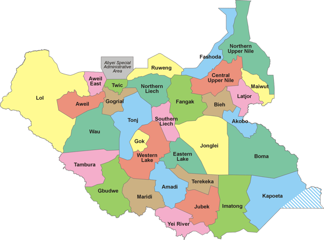 The 32 states of South Sudan, after the addition of 4 more states in 2017