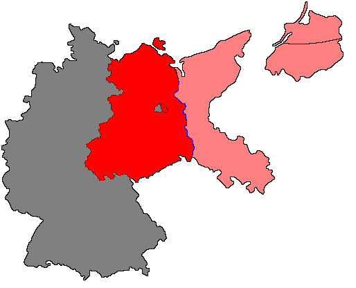 Pink: portions of Germany east of the Oder–Neisse line attached to Poland (except for northerly East Prussia and the adjoining Memel Territory, not shown here, which were joined directly to the Soviet Union.) Red: the Soviet Occupation zone of Germany.