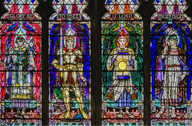 The four archangels in Anglican tradition, from left to right: Gabriel, Michael, Uriel, and Raphael. Stained glass window at Hull Minster.