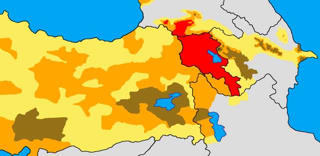 **Historical and modern distribution of Armenians.**Settlement area of Armenians in early 20th century:  >50%       25–50%       <25%  Armenian settlement area today.