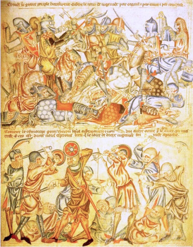 An early 14th-century English depiction of a biblical battle, giving an impression of how soldiers were equipped at Bannockburn. The image of a king wielding a battle axe in the top half has led some historians to link this image to Bannockburn. From Folio 40 of the Holkham Bible in the British Library.
