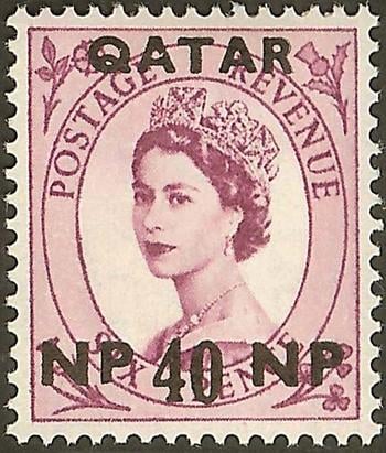 A British Wilding series stamp, issued 1 April 1957, and overprinted for use in Qatar.