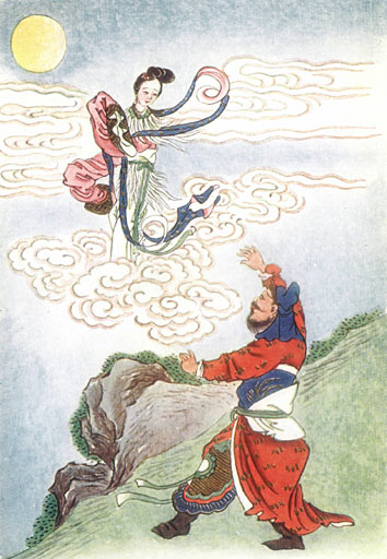 Houyi helplessly looking at his wife Chang'e flying off to the moon after she drank the elixir.