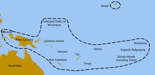 The dashed lines show the region in which Fe'i bananas are found and where they have, at least historically, been used as food.