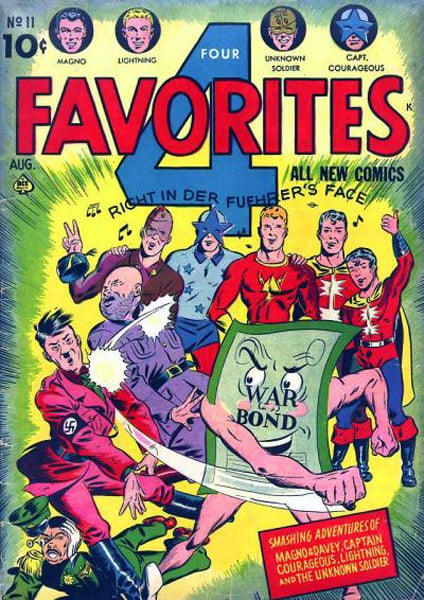 American wartime comic advertising the government sale of low-return war bonds by showing Mussolini, Hitler and Hirohito beaten by superheroes
