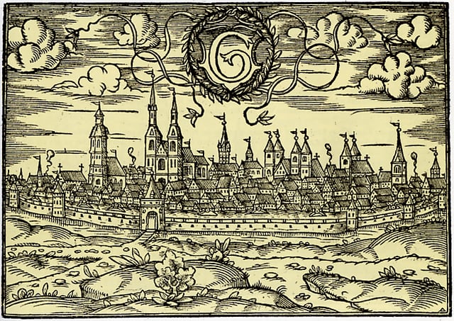 Woodcut showing the town in the year 1585 as viewed from the west.