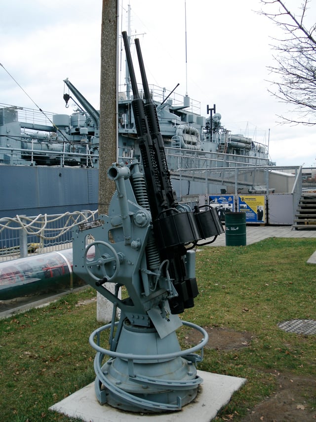 Side view of the twin Oerlikon gun mount