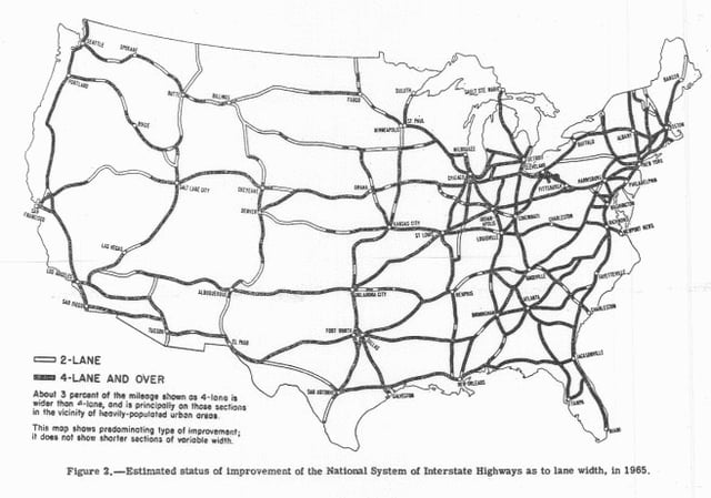 1955 map: The planned status of U.S Highways in 1965, as a result of the developing Interstate Highway System