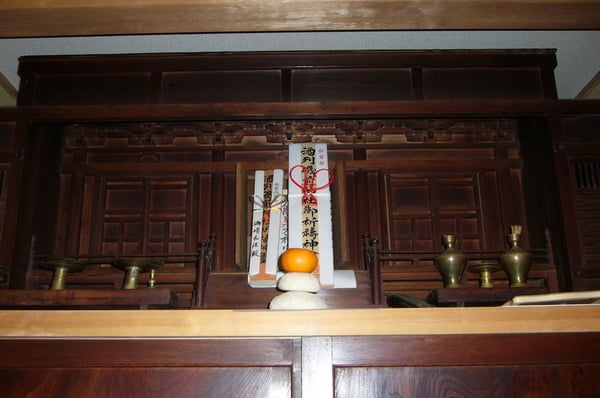 Kamidana (home shrine) with kagamimochi and Ofuda