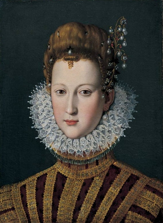 Portrait of Marie de' Medici as a young girl, possibly adolescent or even pubescent; Marie's head pops out of her ruff; a supportasse underpins her ruff.