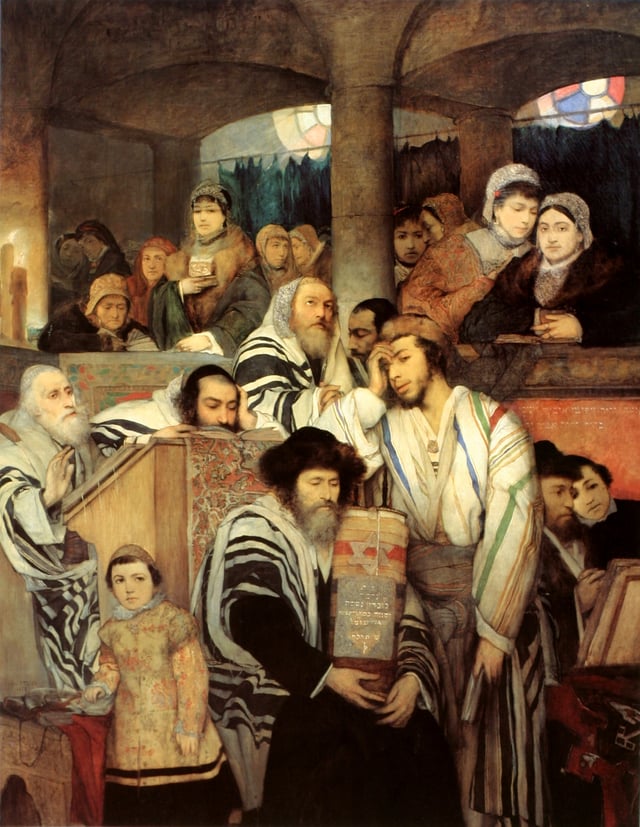 Ashkenazi Jews of late-19th-century Eastern Europe portrayed in Jews Praying in the Synagogue on Yom Kippur (1878), by Maurycy Gottlieb