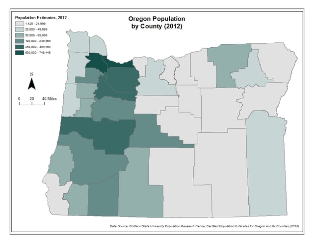 Oregon population by county using 2012 estimates