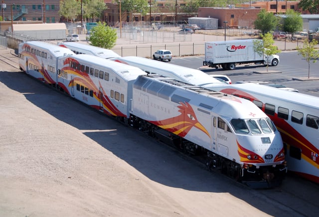 The New Mexico Rail Runner Express is a commuter rail operation train that runs along the Central Rio Grande Valley.