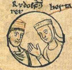 Rudolph and his sister Bertha in the pedigree of the Ottonian dynasty, Chronica sancti Pantaleonis, Cologne (13th century)