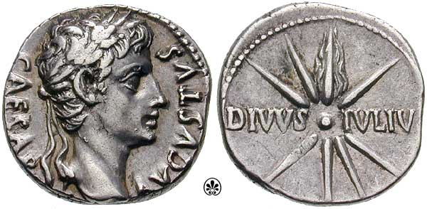 A denarius minted c. 18 BC. Obverse: CAESAR AVGVSTVS; reverse: comet of eight rays with tail upward; DIVVS IVLIV[S] (DIVINE JULIUS).