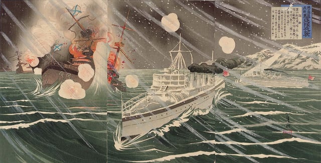 A Japanese propaganda block print of the night attack on Port Arthur by the Japanese Navy.