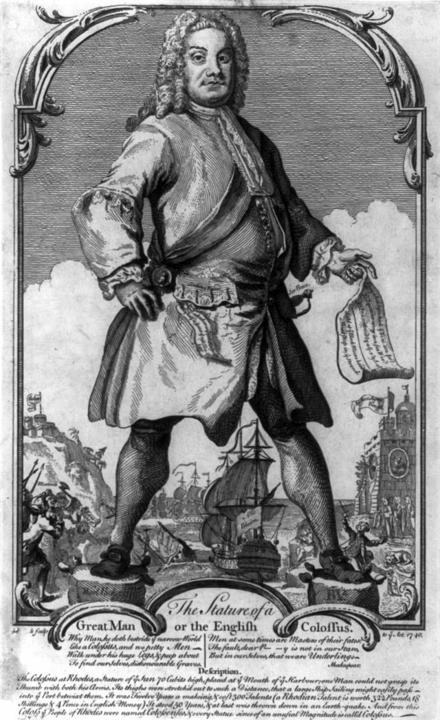 1740 political cartoon depicting a towering Walpole as the Colossus of Rhodes.