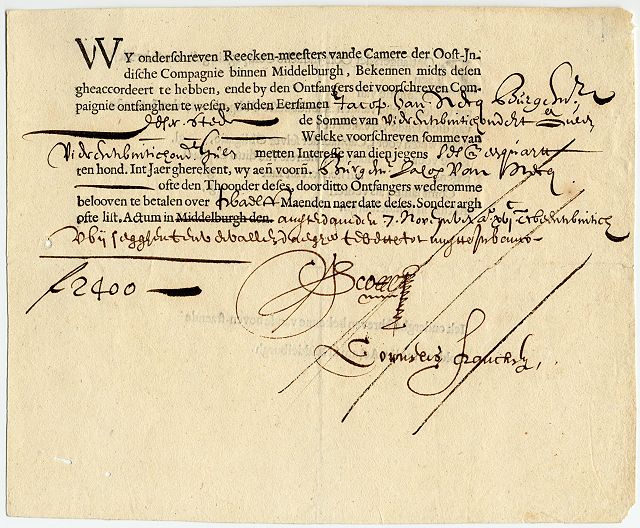 A bond from the Dutch East India Company (VOC), dating from 7 November 1623. The VOC was the first company in history to issue bonds and shares of stock to the general public. It was the VOC that invented the idea of investing in the company rather than in a specific venture governed by the company. The VOC was also the first company to use a fully-fledged capital market (including the bond market and the stock market) as a crucial channel to raise medium-term and long-term funds.