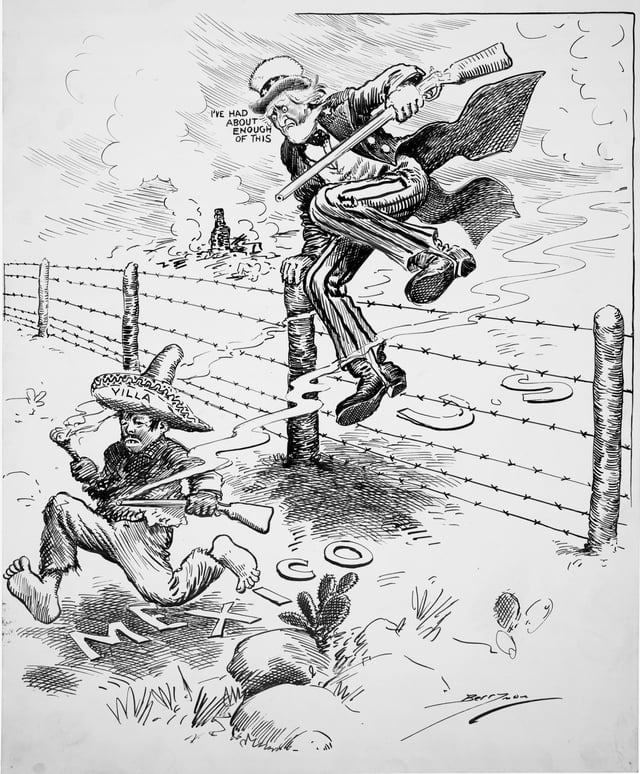 Uncle Sam saying "I've had about enough of this" as a small and barefoot Pancho Villa, gun in hand, runs away. In 1916 Wilson sent an unsuccessful punitive expedition to capture Villa after he murdered Americans in his raid on Columbus, New Mexico
