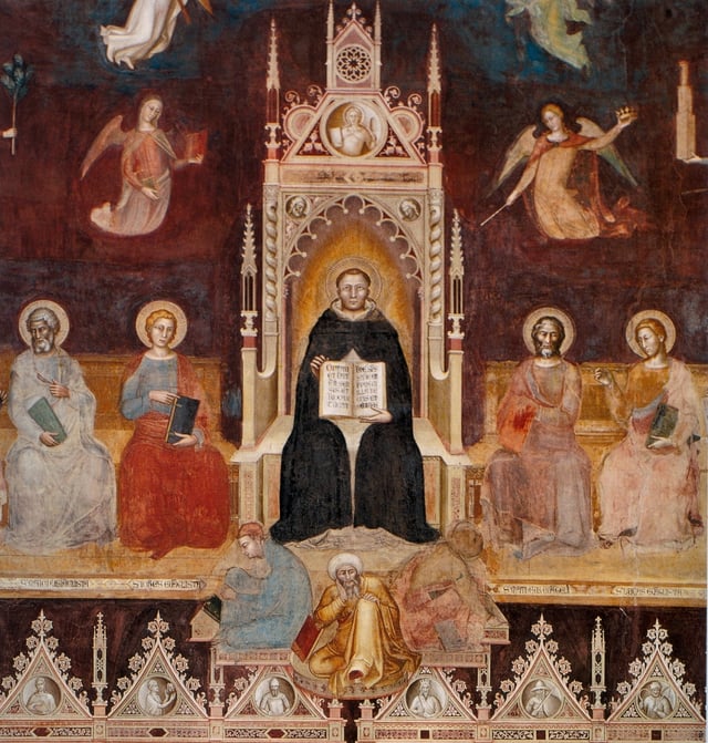 Triumph of St. Thomas Aquinas, "Doctor Angelicus", with saints and angels, Andrea di Bonaiuto, 1366. Basilica of Santa Maria Novella, fresco