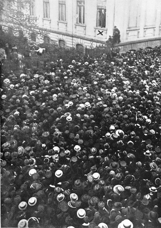 Philipp Scheidemann addresses a crowd from a window of the Reich Chancellery, 9 November 1918