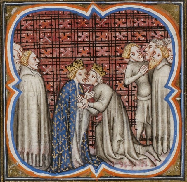 Edward I (right) giving homage to Philip IV (left). As Duke of Aquitaine, Edward was a vassal of the French king.