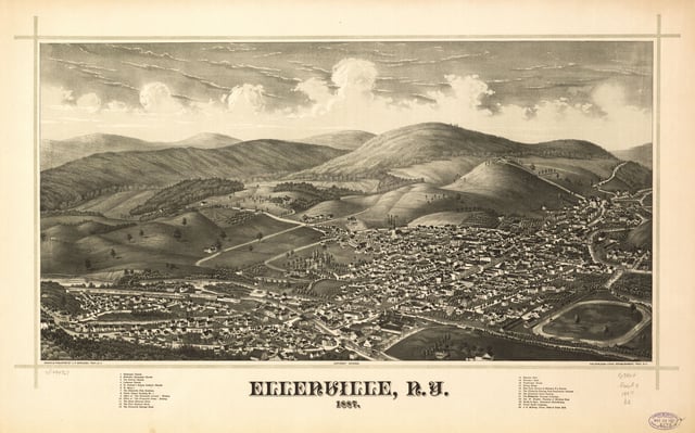 Perspective map of Ellenville from 1887 by L.R. Birleigh with a list of landmarks