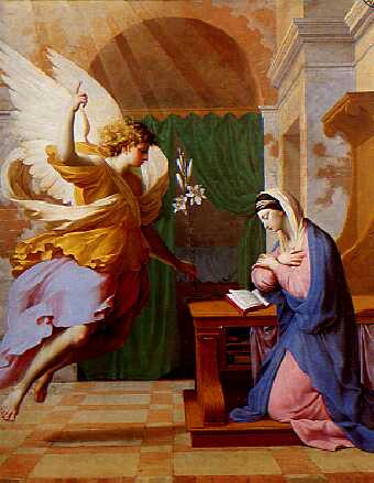 The Annunciation by Eustache Le Sueur, an example of 17th-century Marian art. The Angel Gabriel announces to Mary her pregnancy with Jesus and offers her White Lilies.