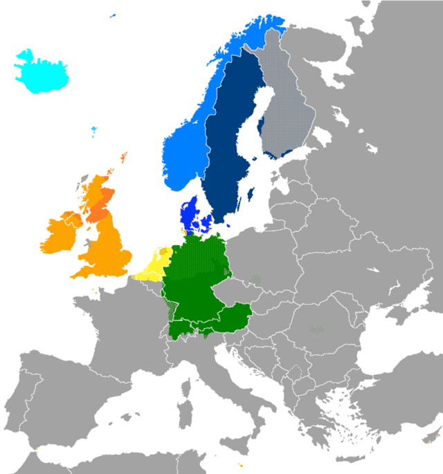 The present-day distribution of the Germanic languages in Europe: North Germanic languages   Icelandic   Faroese   Norwegian (partially national boundaries)   Swedish (partially national boundaries)   Danish (partially national boundaries) West Germanic languages   Scots   English   Frisian   Dutch (partially national boundaries)   Low German (partially national boundaries)   German Dots indicate a few of the areas where multilingualism is common.