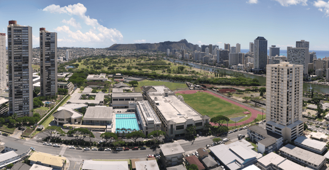 View of ʻIolani Campus with Diamond Head and Waikiki in the background