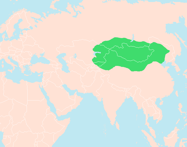 Domain and influence of Xiongnu under Modu Chanyu around 205 BC, the believed place of Huns' origin.
