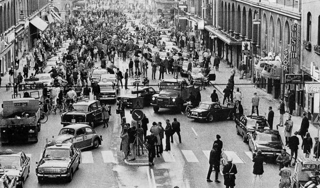 Traffic moves from left to right in Stockholm, Sweden, on 3 September 1967