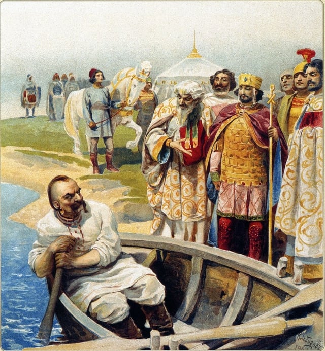 Sviatoslav I of Kiev (in boat), destroyer of the Khazar Khaganate.