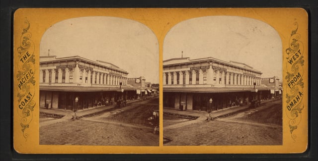 Main Street, Stockton, California, from Robert N. Dennis collection of stereoscopic views, ca. 1870.