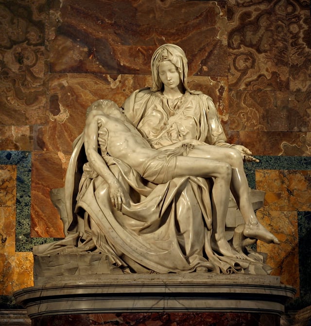 Michelangelo's 1498-99 Pietà in St. Peter's Basilica; the Catholic Church was among the patronages of the Renaissance