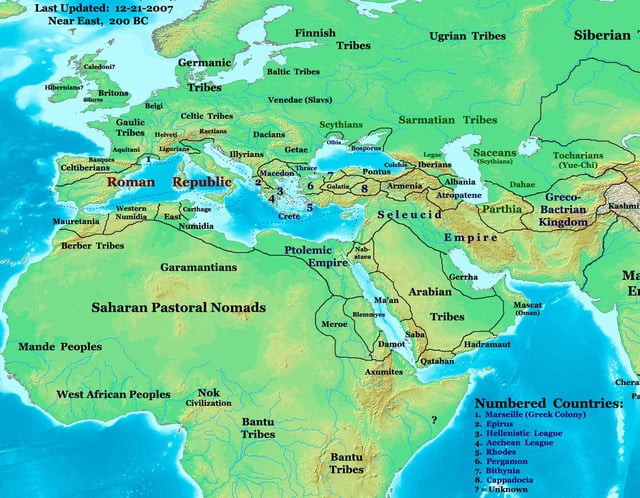 Near East in 200 BCE, showing the Kingdom of Meroe and its neighbours.